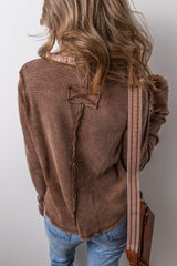 Coffee Patchwork V Neck Waffle Knit Top