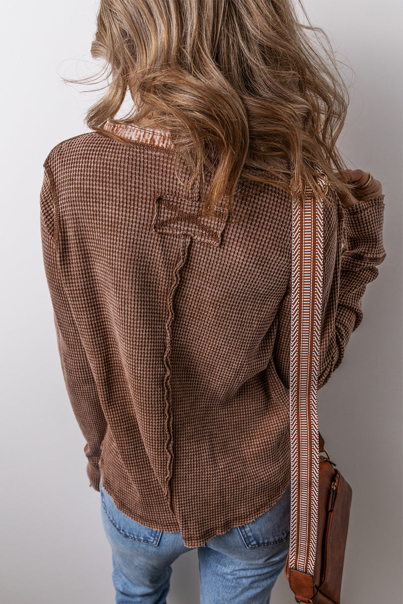 Coffee Patchwork V Neck Waffle Knit Top