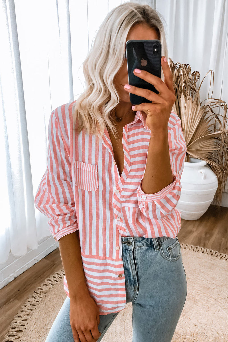 Pink Stripe Buttoned Oversized Long Sleeve Shirt