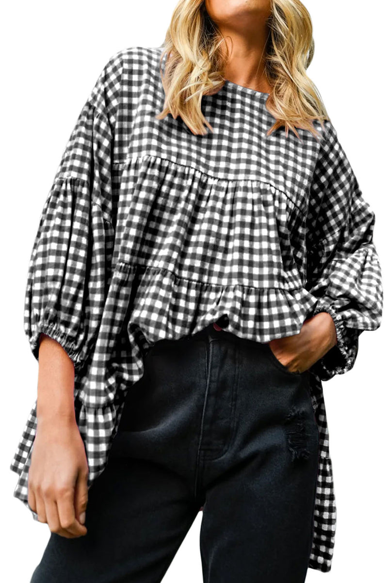 Black Plaid Drop Sleeve Tiered Oversized Blouse