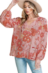 Multicolor Floral Print Lantern Sleeve Boho Peasant Blouse