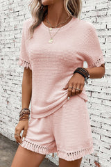 Pink Fringe Trim Waffle Knit Textured Shorts Set