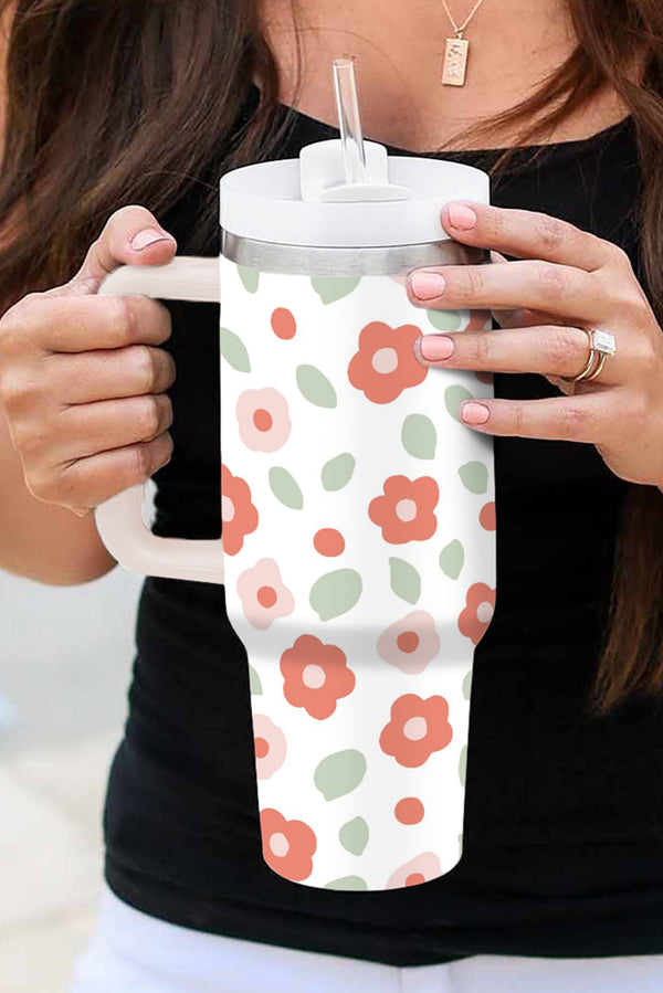 White 1200ml Floral Print Stainless Large Portable Cup
