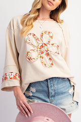 Beige Flower Exposed Seam Patchwork Loose Top