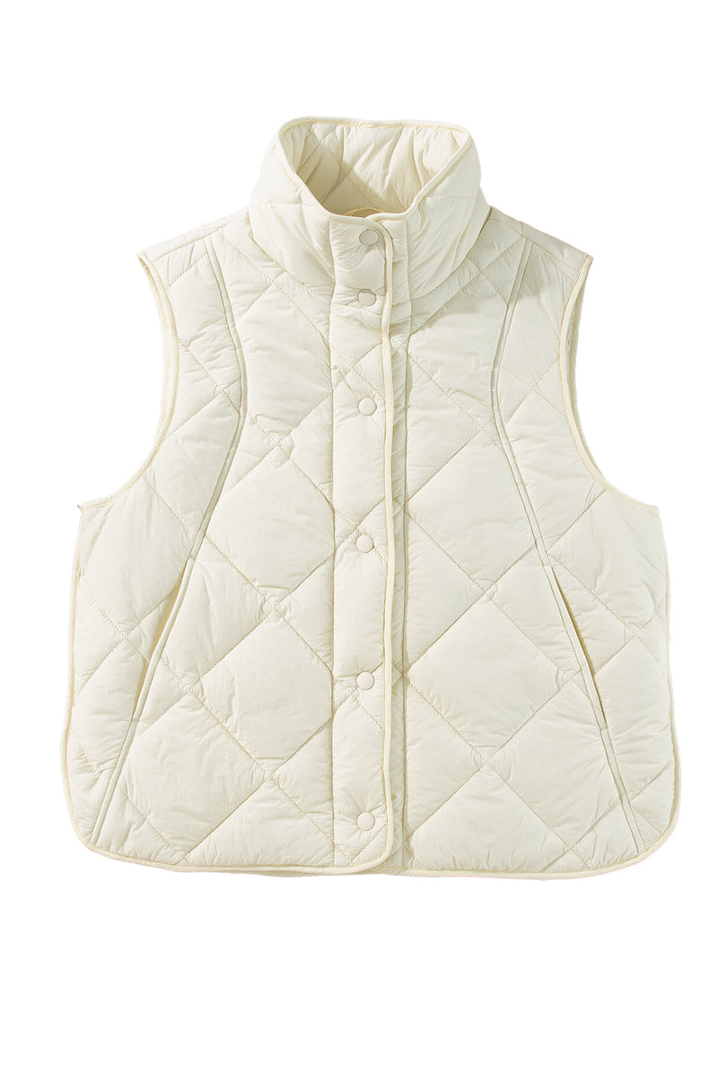 Beige Quilted High Neck Button Up Pocket Vest Coat