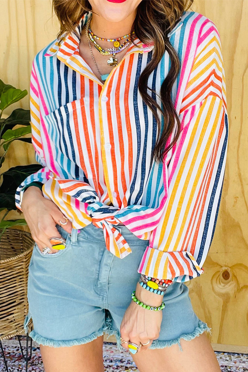 Colorful Striped Patch Pocket Long Sleeve Shirt