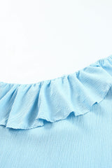 Sky Blue Trim Textured Ruffle One Shoulder Top