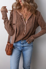 Coffee Patchwork V Neck Waffle Knit Top