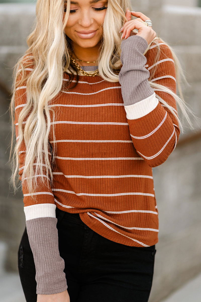 Brown Contrast Spliced Colorblock Cuffed Rib Knit Top