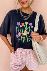 Black Floral Graphic Crewneck Drop Sleeve T Shirt