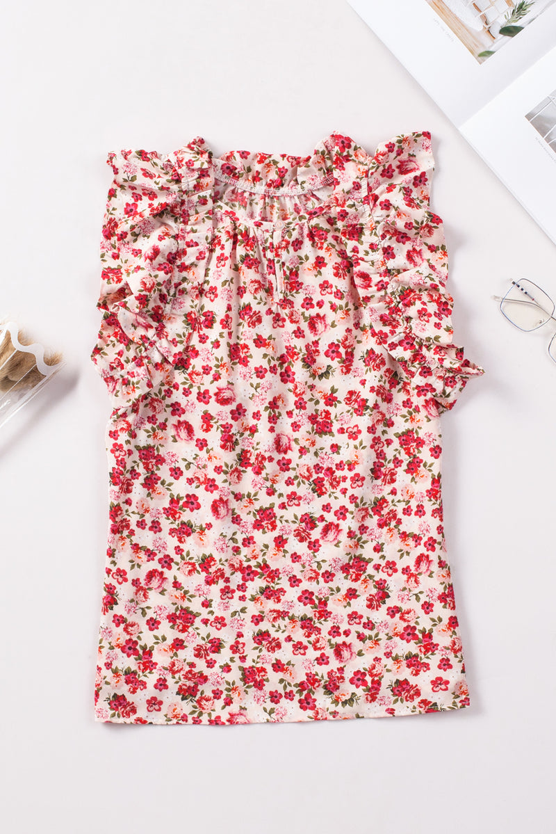 Red Boho Floral Print Ruffled Mock Neck Sleeveless Shirt