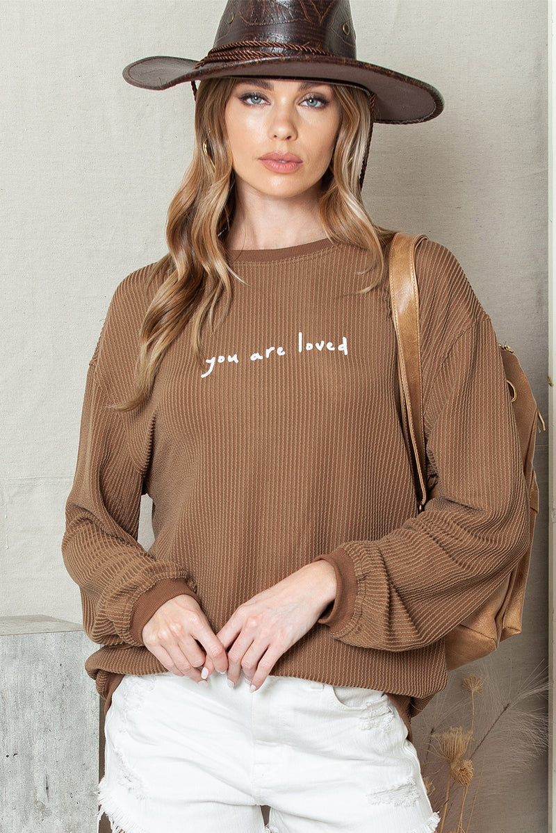 Khaki You Are Loved Print Corduroy Sweatshirt