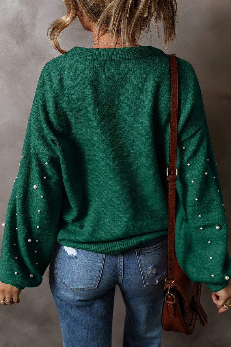 Evergreen Pearl Drop Shoulder Round Neck Sweater