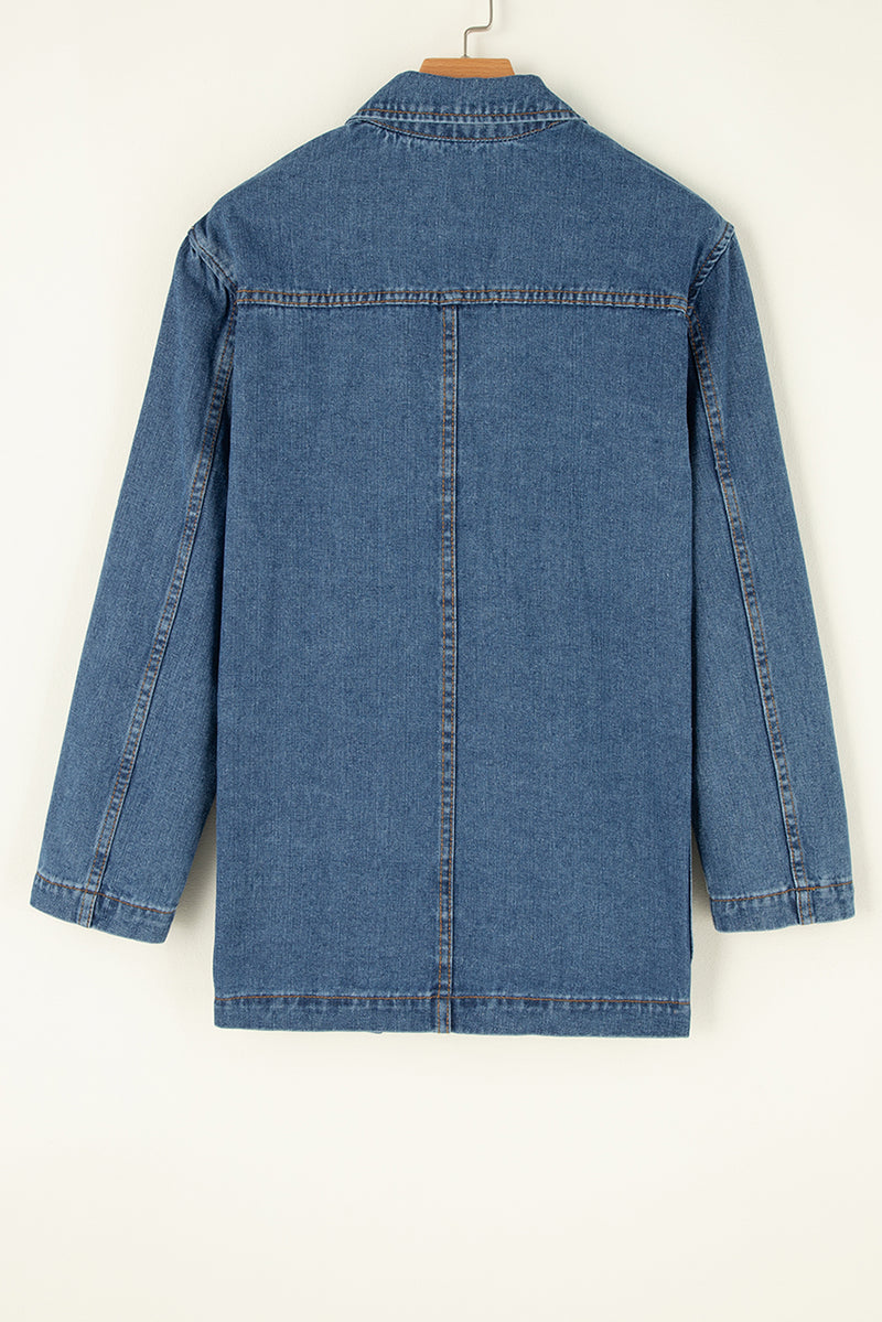 Black Lapel Collar Side Pockets Denim Jacket