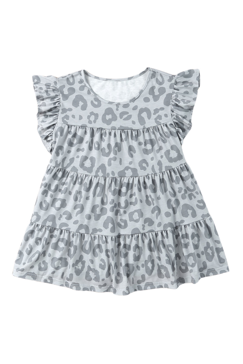 Gray Leopard Print Flutter Casual Tiered Pleated Summer Top