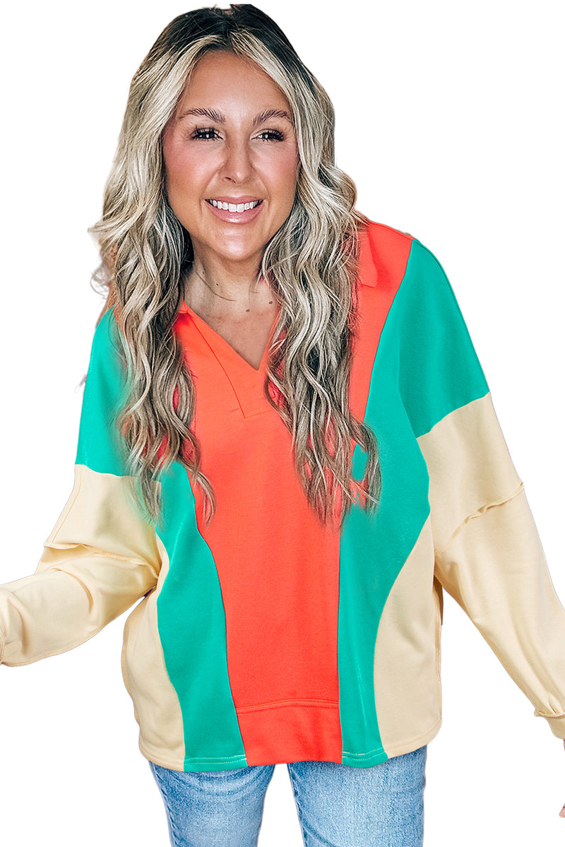 Grapefruit Orange Color Block Patchwork Collared V Neck Loose Top