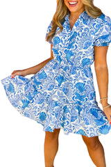 Sky Blue Boho Floral Print Frill Tiered Mini Dress