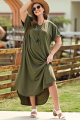 Green V Neck Rolled Cuffs Plus Size Maxi Dress
