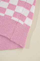 Pink Checkered Buttons Collar V Neck Drop Shoulder Sweater