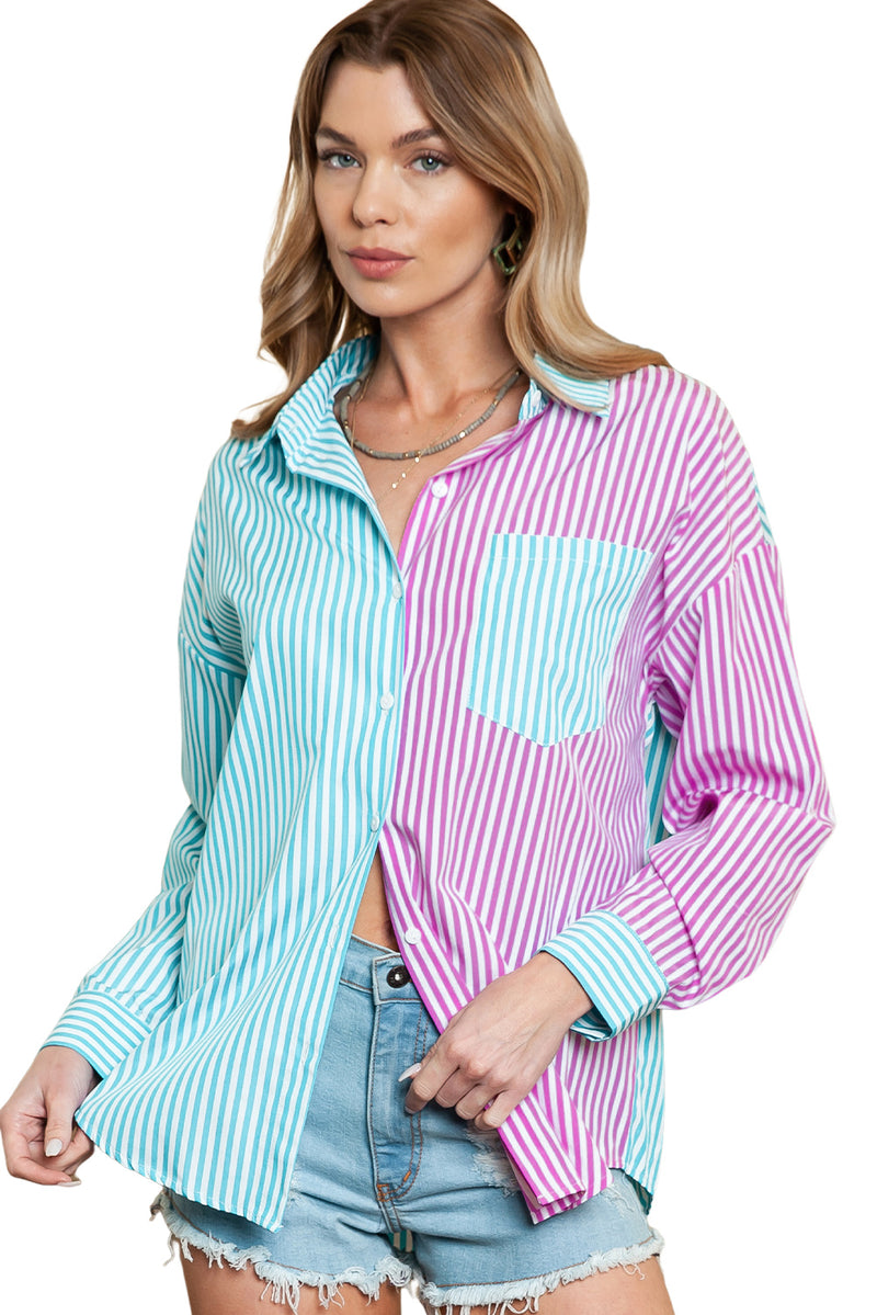 Green Striped Print Pocket Button Up Shirt