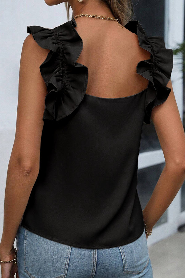 Black Solid Ruffle Trim Sleeveless Blouse