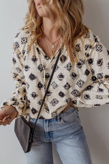 White Flower Print Split Neck Bubble Sleeve Loose Blouse