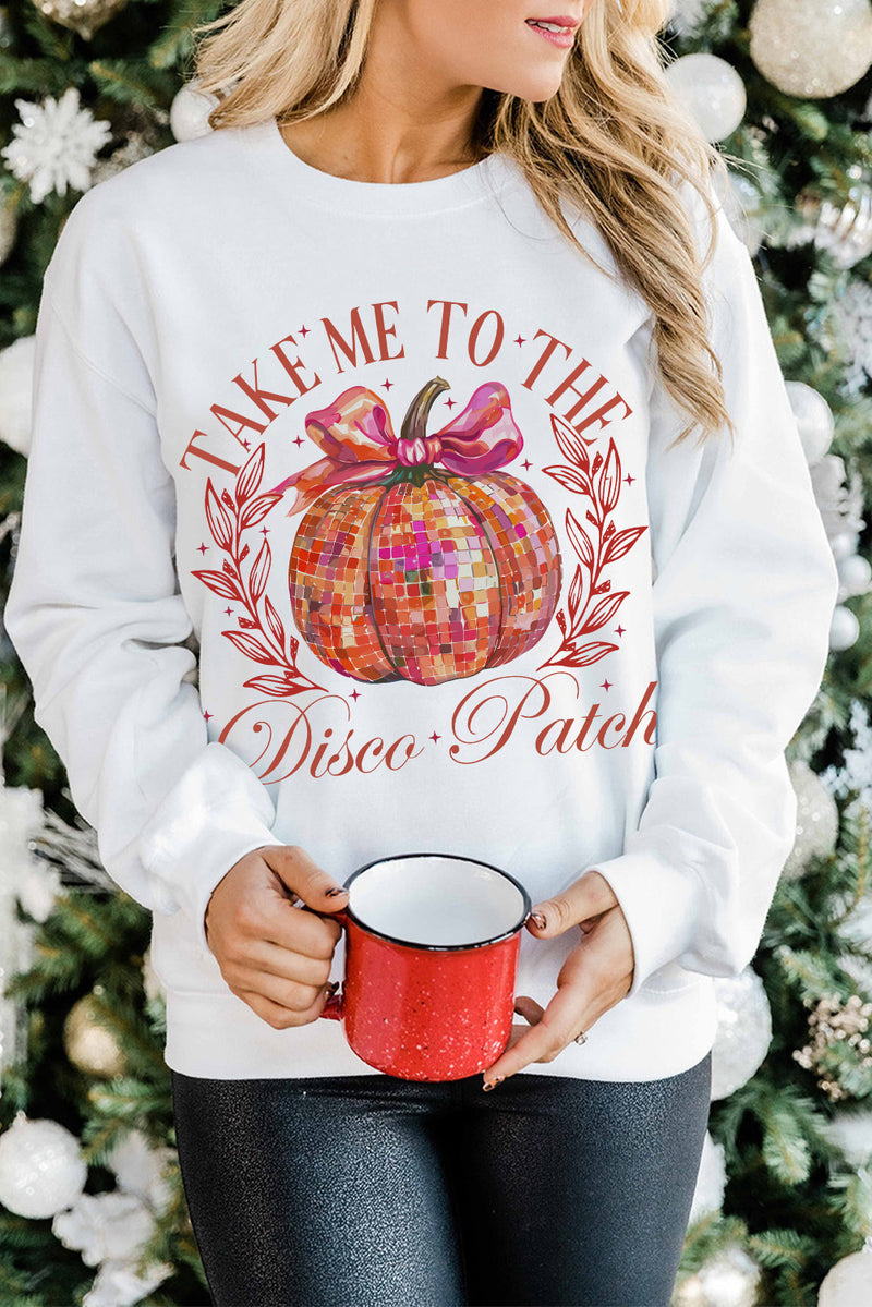 Beige Halloween Disco Ball Pumpkin Graphic Pullover Sweatshirt