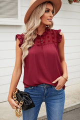 Burgundy Ruffle Trim Swiss Dot Button Closure Sleeveless Shirt