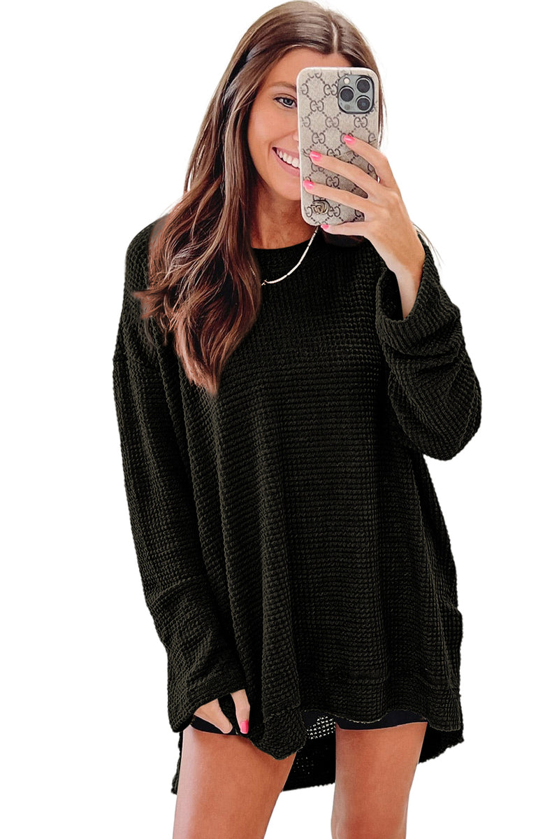 Green Waffle Knit Drop Sleeve High Slits Oversized Top