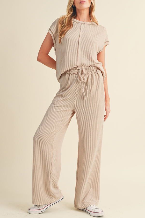 Parchment Exposed Seam Corded T shirt and Wide Leg Pants Set