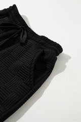 Black Textured Ruffle Sleeve Tee and Drawstring Shorts Set