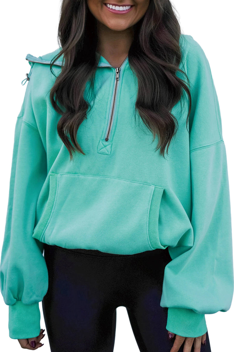 Mint Green Pocket Loose Half Zip Hoodie