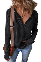 Black Patchwork V Neck Waffle Henley Top