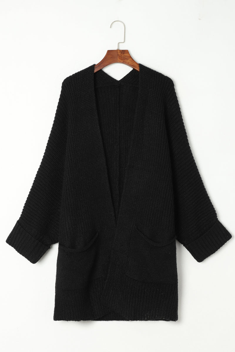 Black Batwing Sleeve Pocket Oversized Cable Knit Cardigan