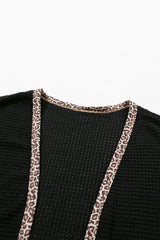 Black Waffle Knit Leopard Contrast Open Front Cardigan