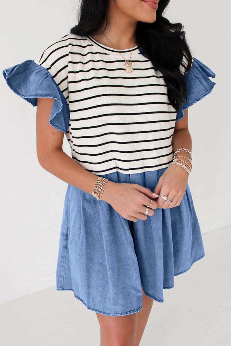 Black Stripe Ruffle Denim Patchwork Round Neck Mini Dress