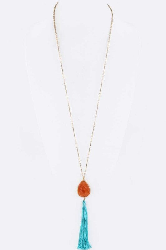 Semi Precious Teardrop & Tassel Pendant Necklace