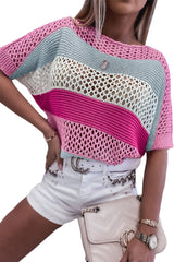 Pink Knitted Eyelet Colorblock Half Sleeves Top