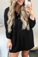 Black Ribbed Knit Buttoned Collared Roll Tab Sleeve Plus Size Mini Dress