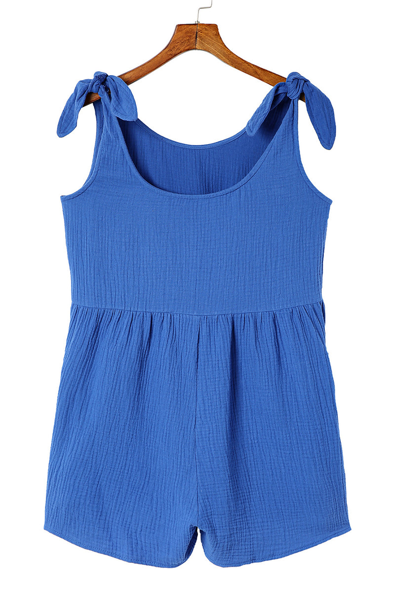 Blue Textured Knotted Straps High Waist Wide Leg Romper