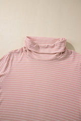 Pink Stripe Cowl Neck Side Slits Loose Fit Long Sleeve Top