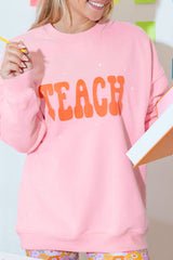 Pink TEACH Graphic Crewneck Drop Shoulder Sweatshirt