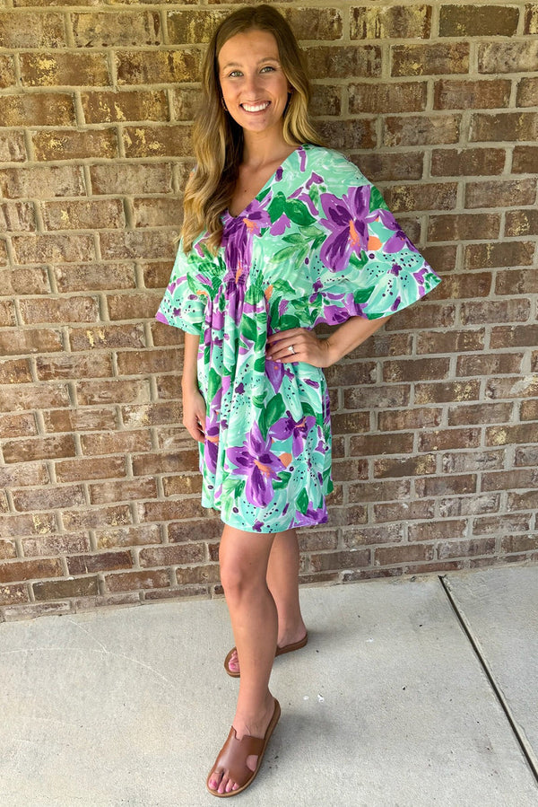 Green Lily Floral V Neck Empire Waist Mini Dress