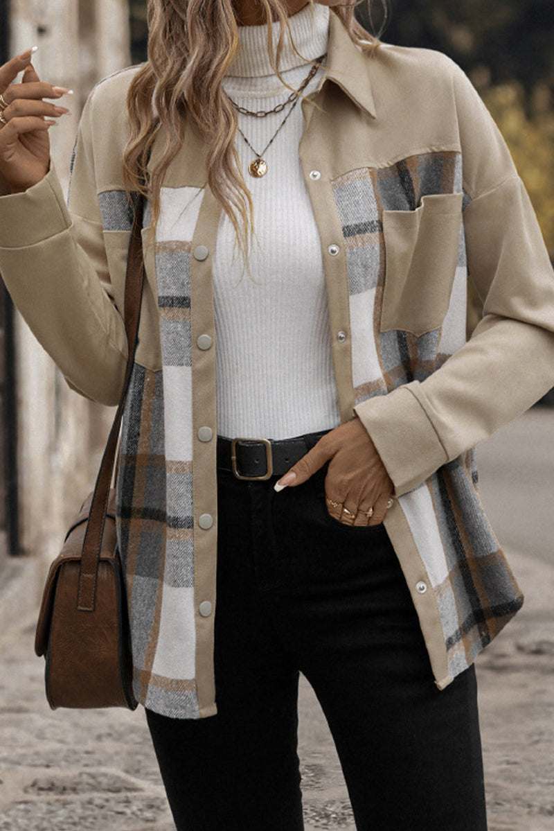 Khaki Casual Plaid Print Colorblock Single-breasted Jacket