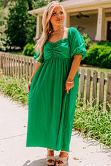 Bright Green Ruched Front Puff Sleeve Plus Size Dress