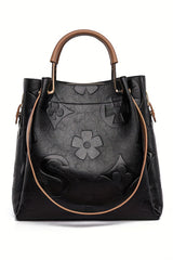 Black Leather Vintage Embossed Shoulder Bag with Handle