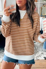 Khaki Striped Textured Round Neck Long Sleeve Top