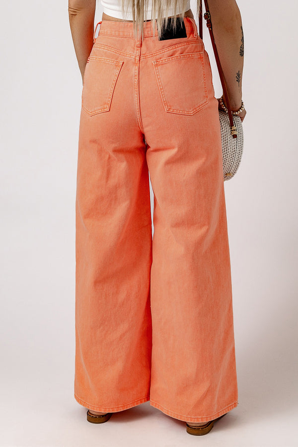 Orange Acid Wash Casual High Waist Wide Leg Jeans