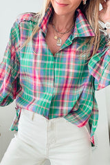 Green Checkered 3/4 Sleeve Collared Loose Fit Shirt