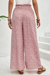 Pink Floral Shirred Side Slit Wide Leg Pants